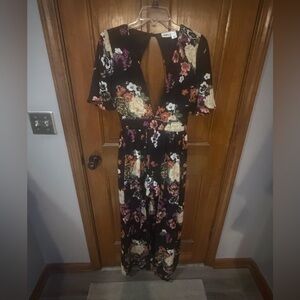 Daytrip Black Maxi Romper with Cream, Pink and Purple Floral Print